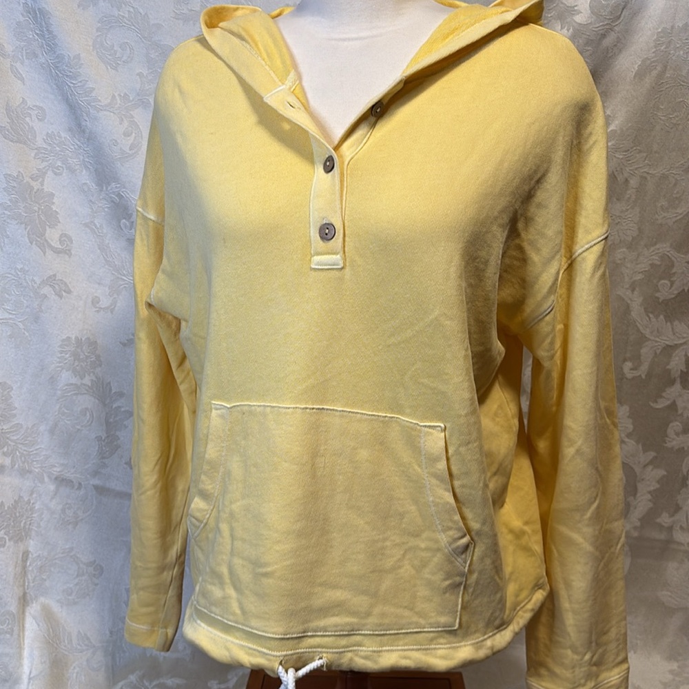 Yellow 3 button hoodie quarter button with front pouch pocket